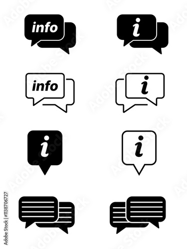 "Info" icons set: Collection of information symbols in various styles, including flat and line designs, commonly used for help, guidance, or informational purposes. Vector illustration.