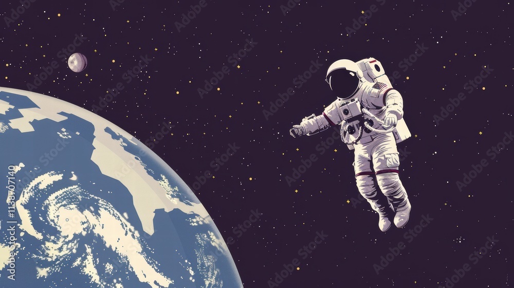 Obraz premium Astronaut spacewalking near Earth and moon.