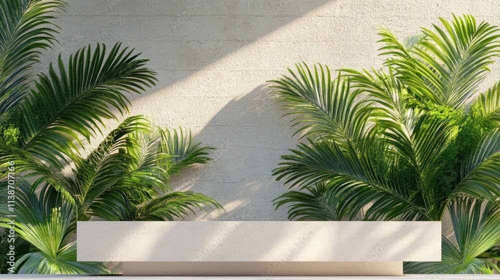 Fototapeta premium Tropical plants by a textured wall, sunlit.