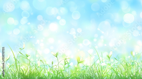 Stunning spring meadow with soft sunlight, blooming pink wildflowers, and fresh green grass against a dreamy blue sky with bokeh light effects. Perfect for seasonal and nature-themed designs