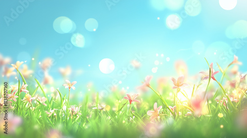 Stunning spring meadow with soft sunlight, blooming pink wildflowers, and fresh green grass against a dreamy blue sky with bokeh light effects. Perfect for seasonal and nature-themed designs