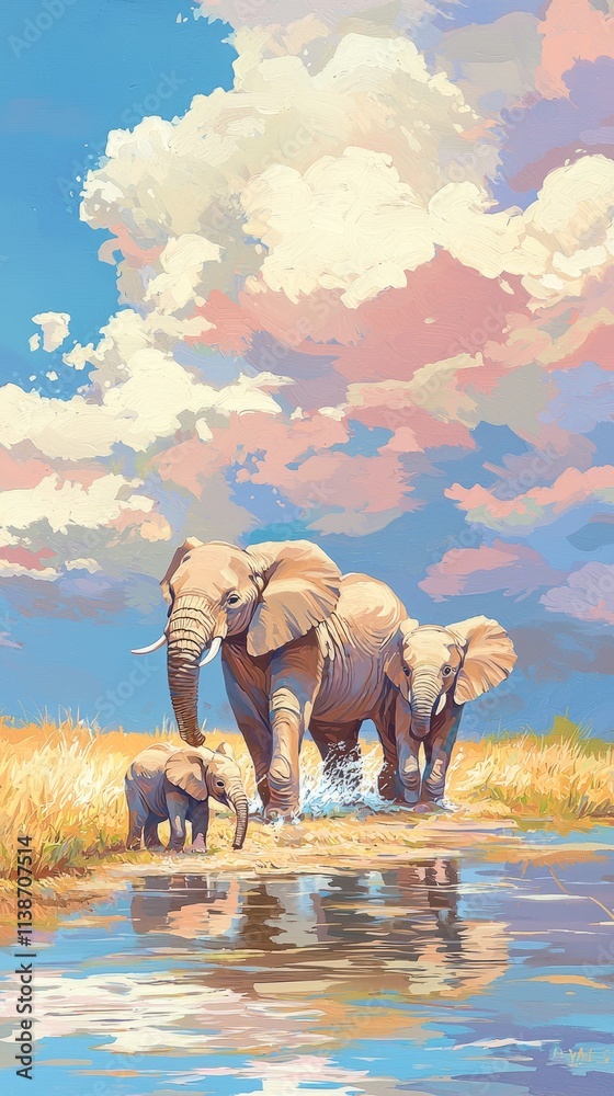 Fototapeta premium A serene scene of elephants by a water body under a colorful sky.