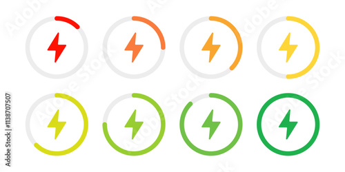 Circle battery charging indicators with lightning symbol icon set. Charge level round diagram infographic vector illustration. Battery capacity progress bar symbol. Circular accumulator power sign.