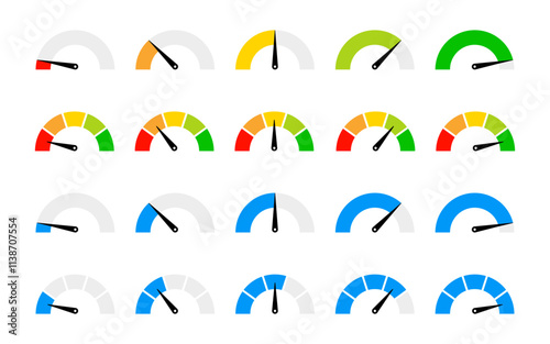 Speedometer icon set. Performance level dial bar vector illustration. Power level measure symbol. Infographic dashboard chart with arrow sign. High, medium and low risk control panel. Progress scale.
