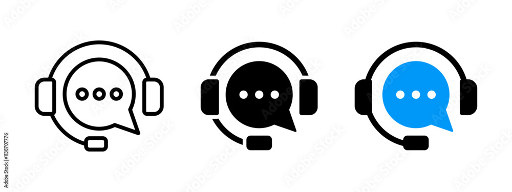 Customer service icon. Contact support agent button. Headset with speech bubble vector illustration. Call center operator symbol. Customer support chat sign. Earphones with microphone speech bubble.