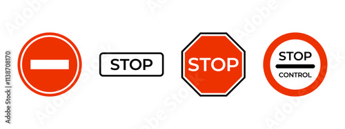 Stop sign icon set. Stop roadsign vector illustration. Traffic control symbol. Red block travel prohibited octagon. Warning, caution, attention or danger information emblem. No way access pictogram.