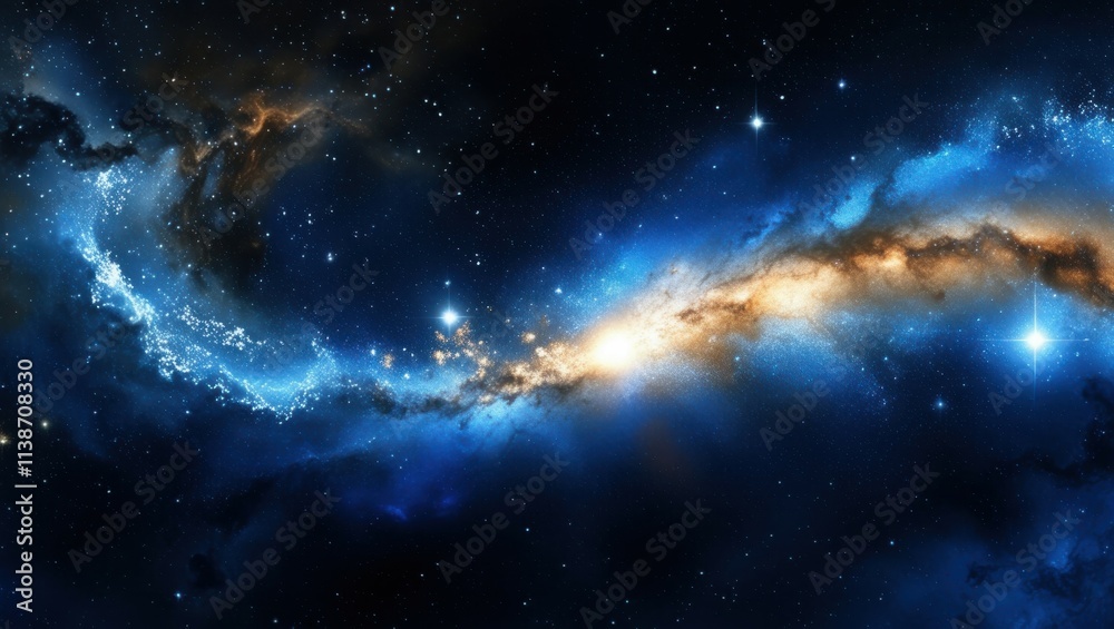 Fototapeta premium Space nebula, cosmic clouds, swirling blue and gold gases, celestial light, star formation, cosmic dust, vibrant galactic colors, deep space, astronomical phenomenon, ethereal universe, high resolutio