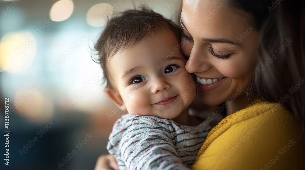Mother comforts infant at airport ahead of exciting family vacation adventure together Mother comforts infant at airport ahead of exciting family vacation adventure together