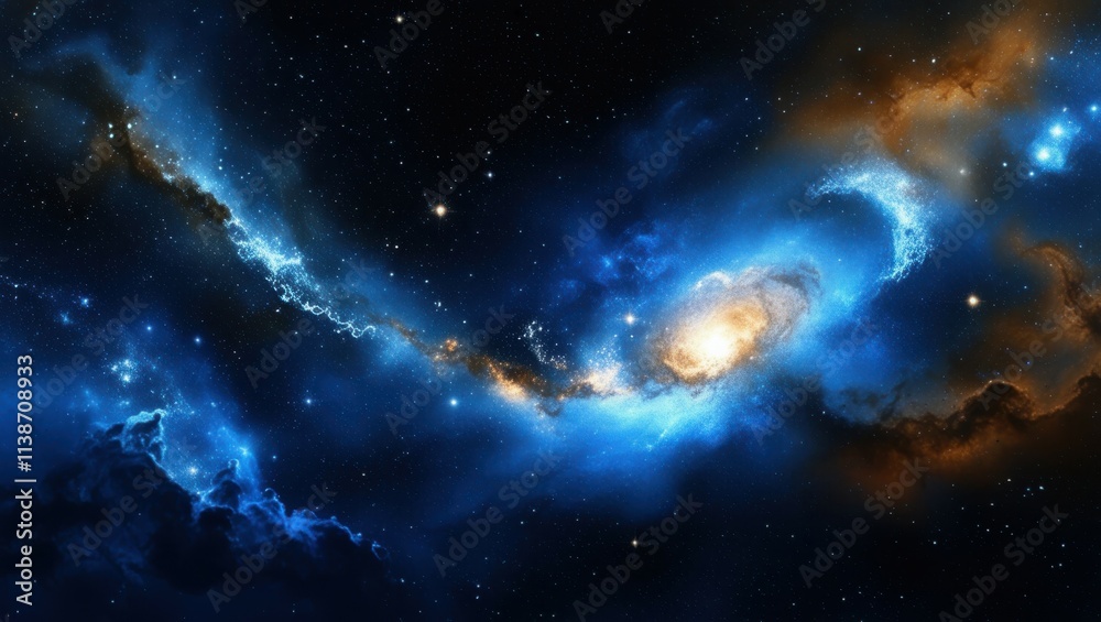 Obraz premium Space nebula, cosmic clouds, swirling blue and gold gases, celestial light, star formation, cosmic dust, vibrant galactic colors, deep space, astronomical phenomenon, ethereal universe, high resolutio