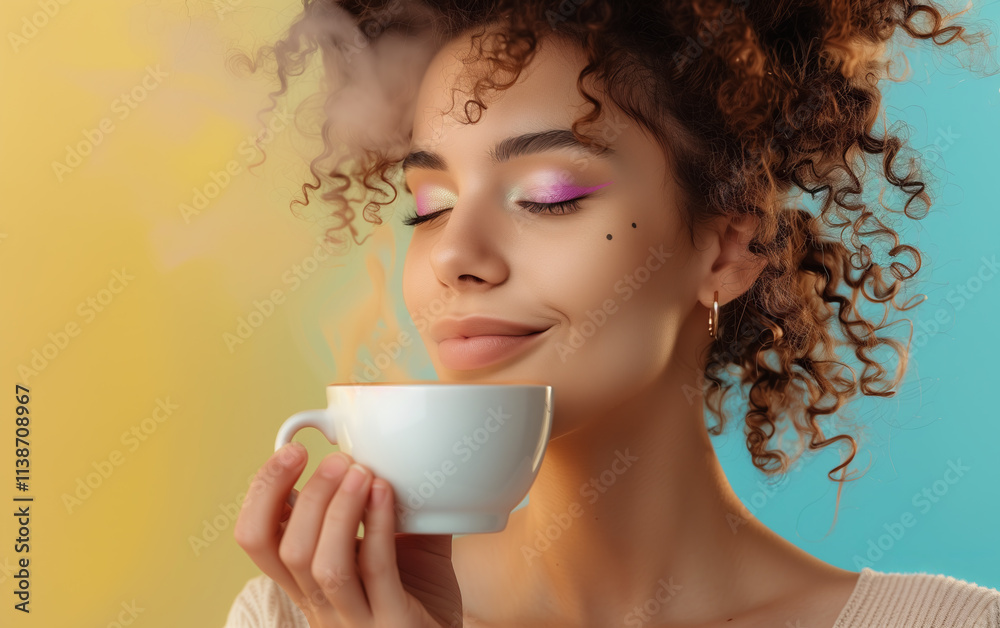 custom made wallpaper toronto digitalA smiling woman with curly hair holds a hot cup of coffee or tea against a colorful rainbow backdrop