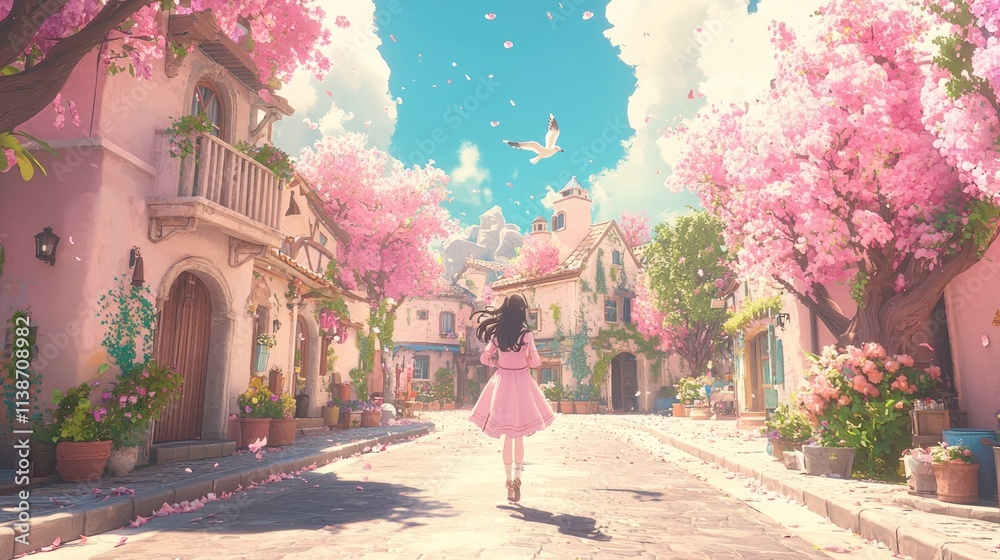 Obraz premium A serene street lined with cherry blossoms and quaint buildings.