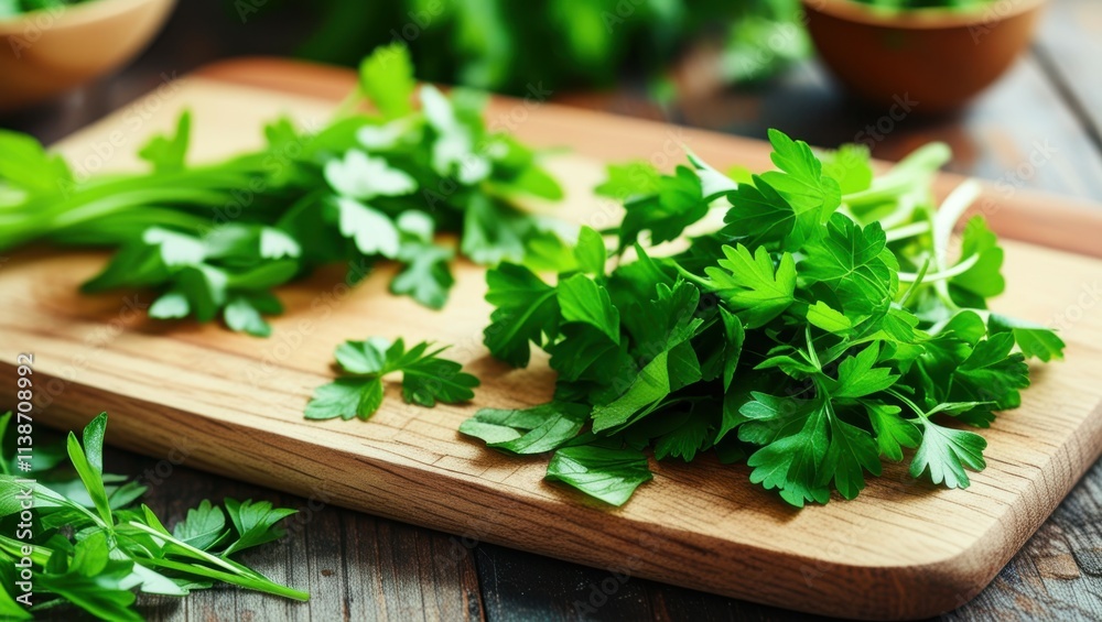 Fresh green herbs, wooden cutting board, rustic kitchen table, vibrant parsley leaves, natural light, food photography, macro detail, organic ingredients, culinary still life, crisp focus, earthy tone Fresh green herbs, wooden cutting board, rustic kitchen table, vibrant parsley leaves, natural light, food photography, macro detail, organic ingredients, culinary still life, crisp focus, earthy tone