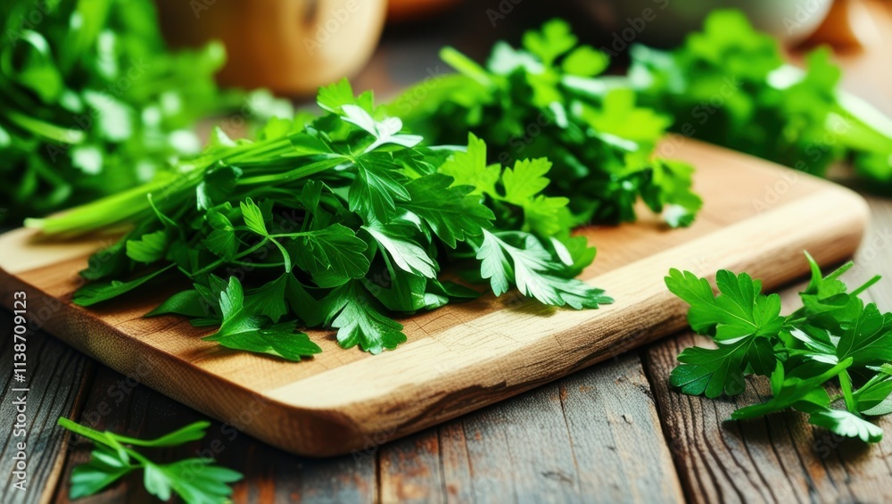Fresh green herbs, wooden cutting board, rustic kitchen table, vibrant parsley leaves, natural light, food photography, macro detail, organic ingredients, culinary still life, crisp focus, earthy tone Fresh green herbs, wooden cutting board, rustic kitchen table, vibrant parsley leaves, natural light, food photography, macro detail, organic ingredients, culinary still life, crisp focus, earthy tone