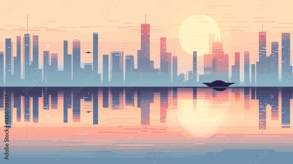 Obraz premium A serene sunset cityscape with reflections and a silhouette of a boat.