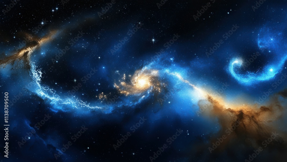 Fototapeta premium Space nebula, cosmic clouds, swirling blue and gold gases, celestial light, star formation, cosmic dust, vibrant galactic colors, deep space, astronomical phenomenon, ethereal universe, high resolutio