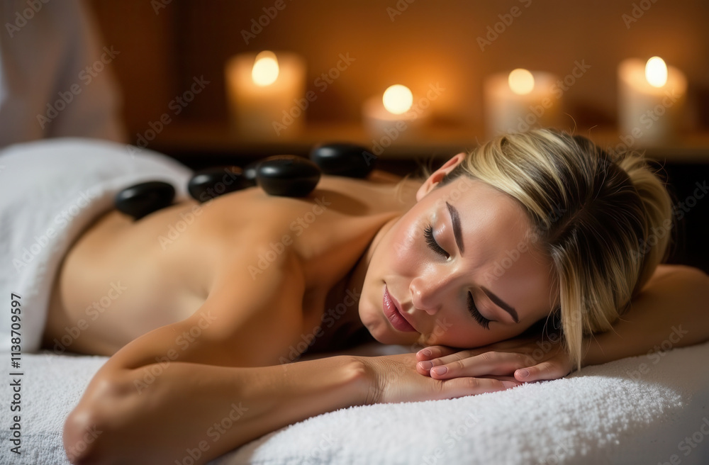 Obraz premium A woman receives a massage in a chic dark spa with candles and orchids. Relaxing massage. Thai massage for a woman in a salon. Back and neck massage at the spa.