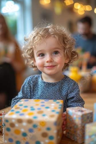 Child smiling with colorful gifts at a joyful gathering celebration