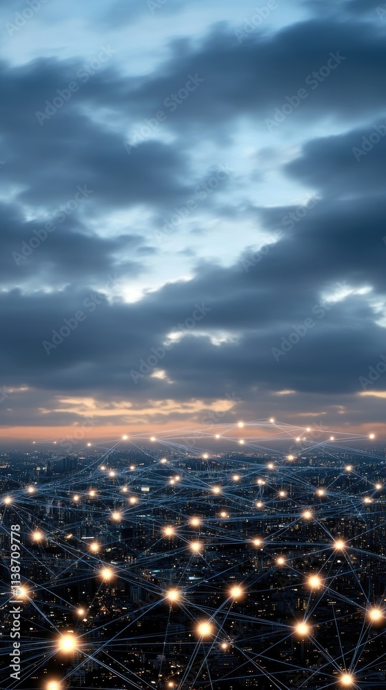 Visualizing modern technology with digital communication networks connecting homes in a small town in the early morning light Visualizing modern technology with digital communication networks connecting homes in a small town in the early morning light