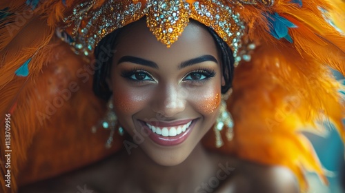Brightly dressed woman smiles during a vibrant cultural celebration in a lush...