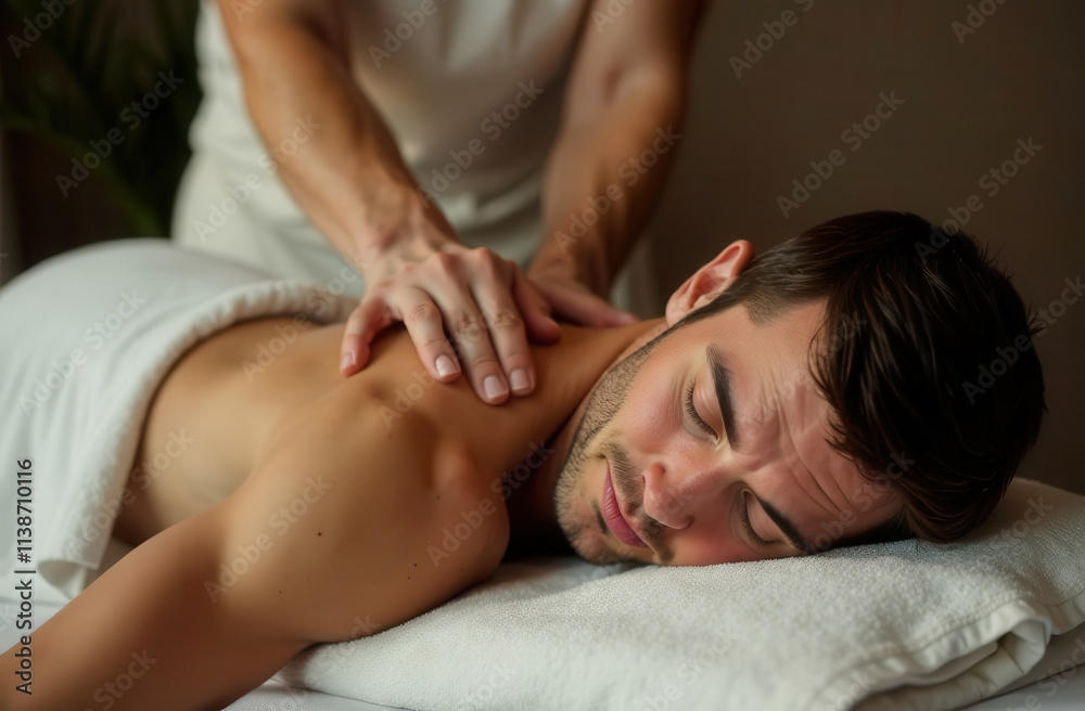 A man receives a relaxing back and neck massage in a spa salon. A man receives a relaxing back and neck massage in a spa salon.