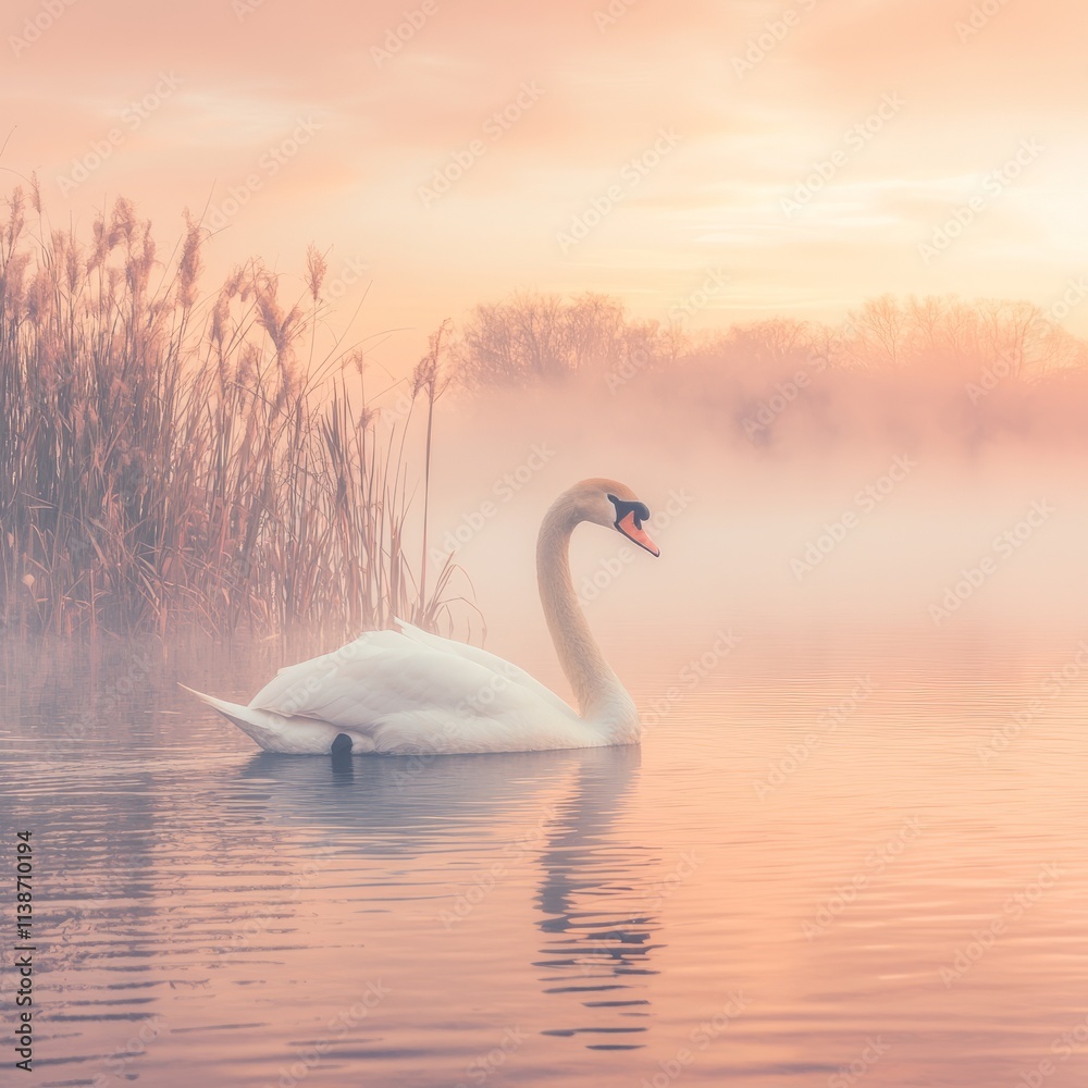 Fototapeta premium A serene swan gliding through misty waters at sunrise.