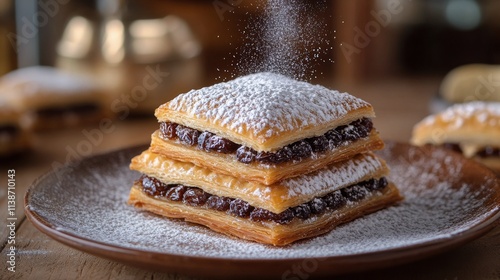 Baking sweet treats with powdered sugar in a rustic kitchen showcase