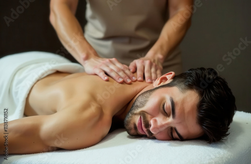 A man receives a relaxing back and neck massage in a spa salon. Thai massage in the salon. Wellness massage for men.