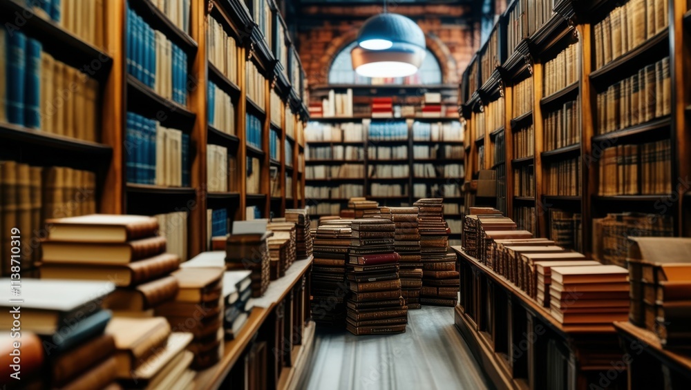Obraz premium library interior, rows of bookshelves, wooden shelving, leather-bound books, symmetrical perspective, warm lighting, vintage atmosphere, academic setting, knowledge repository, ornate ceiling lamps, p