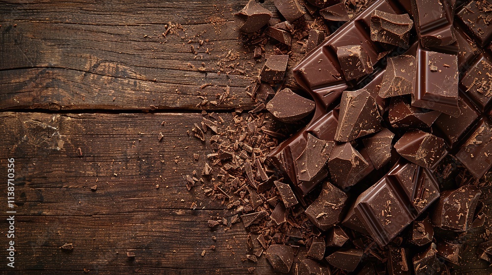 Dark chocolate chunks and shavings on rustic wooden surface, artisanal chocolate concept, close-up, bold texture design, gourmet sweet treat, decadent dessert ingredient.
Dark chocolate chunks and shavings on rustic wooden surface, artisanal chocolate concept, close-up, bold texture design, gourmet sweet treat, decadent dessert ingredient.
