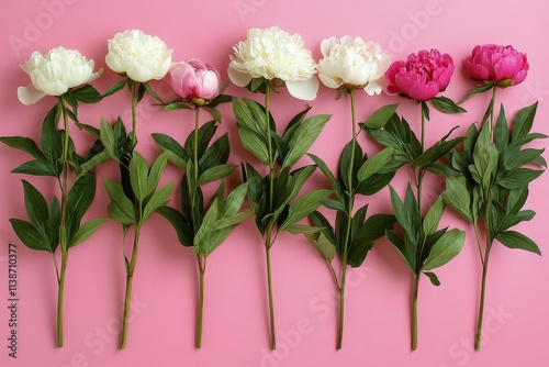 Colorful peonies arranged on a pink background showcasing their beauty and di...