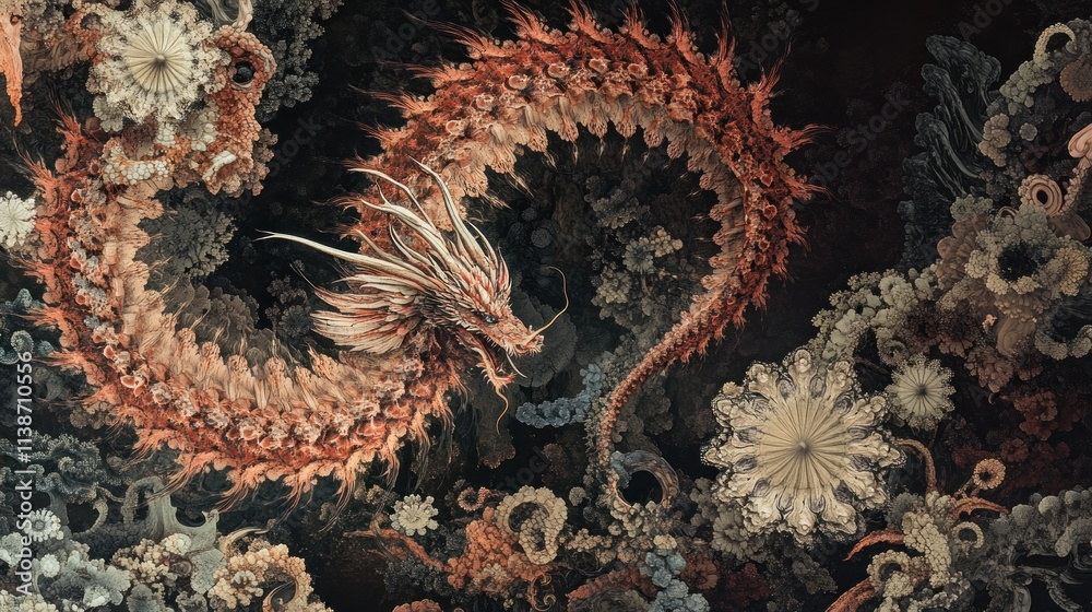 Detailed fantasy dragon art with flower-like fractal background. Detailed fantasy dragon art with flower-like fractal background.