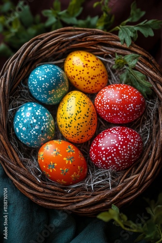 Colorful Easter eggs in a woven nest arranged on a dark background