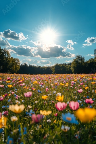Colorful wildflower field under a bright sky with distant mountains in the ba...