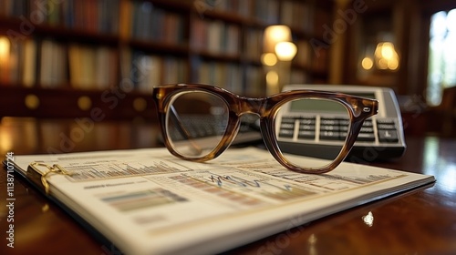 Glasses resting on a document with a calculator in a library setting during t...