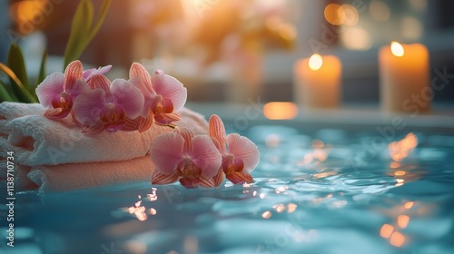 Relaxing spa setting with candles and towels near a tranquil pool at sunset
