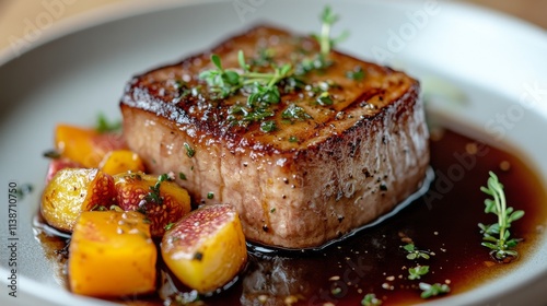 Deliciously plated gourmet dish with sauce and herbs in fine dining restauran...