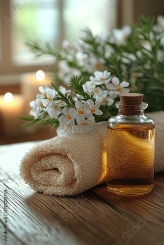 Relaxing moments with essential oil and flowers by candlelight