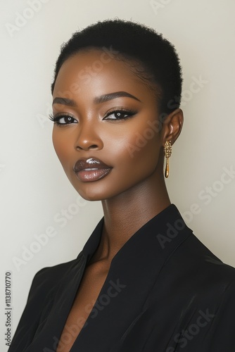 Striking portrait of a woman with dark lipstick and stylish hair against a ne...