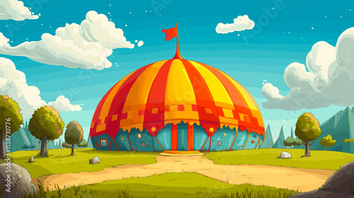 Circus dome landscape. Carnival striped tent, fair amusement park cirque marquee with red flag on green meadow festival show event entertainment cartoon background vector illustration