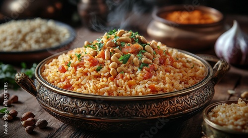 Nutritious grain dish featuring pine nuts and vegetables on a rustic wooden t...