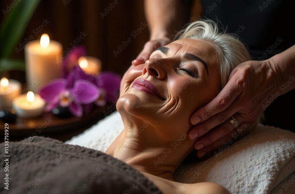 Elderly woman having a relaxing head massage in a spa salon. A happy elderly woman lies down for a procedure with a cosmetologist. Anti-aging facial and head massage. Elderly woman having a relaxing head massage in a spa salon. A happy elderly woman lies down for a procedure with a cosmetologist. Anti-aging facial and head massage.