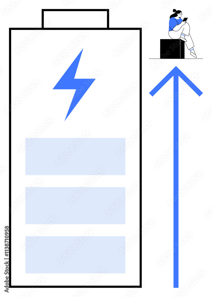 Large battery with lightning bolt and three charging bars, upward-pointing blue arrow, and person using tablet on a black cube. Ideal for technology, energy, productivity, innovation, progress Large battery with lightning bolt and three charging bars, upward-pointing blue arrow, and person using tablet on a black cube. Ideal for technology, energy, productivity, innovation, progress