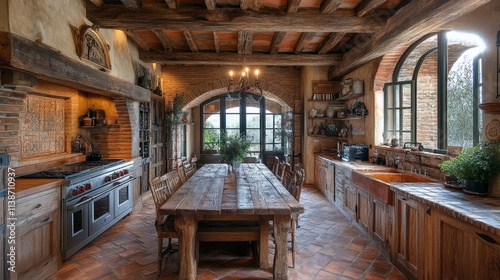 Rustic kitchen with wooden furniture and scenic view during daylight