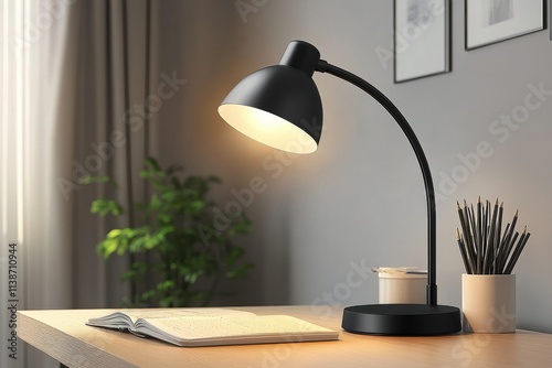 Stylish desk lamp illuminating a workspace with a notebook and plant in the b...