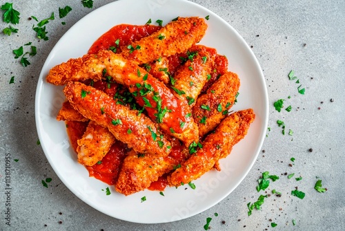 Photography Crispy golden chicken tenders served with zesty tomato sauce and fresh herbs