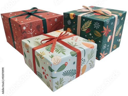 Gift boxes of different colors, wrapped with colorful ribbons and bows. They are located on a transparent background.