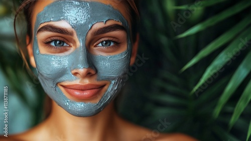 Woman with facial mask relaxing in natural surroundings during daytime