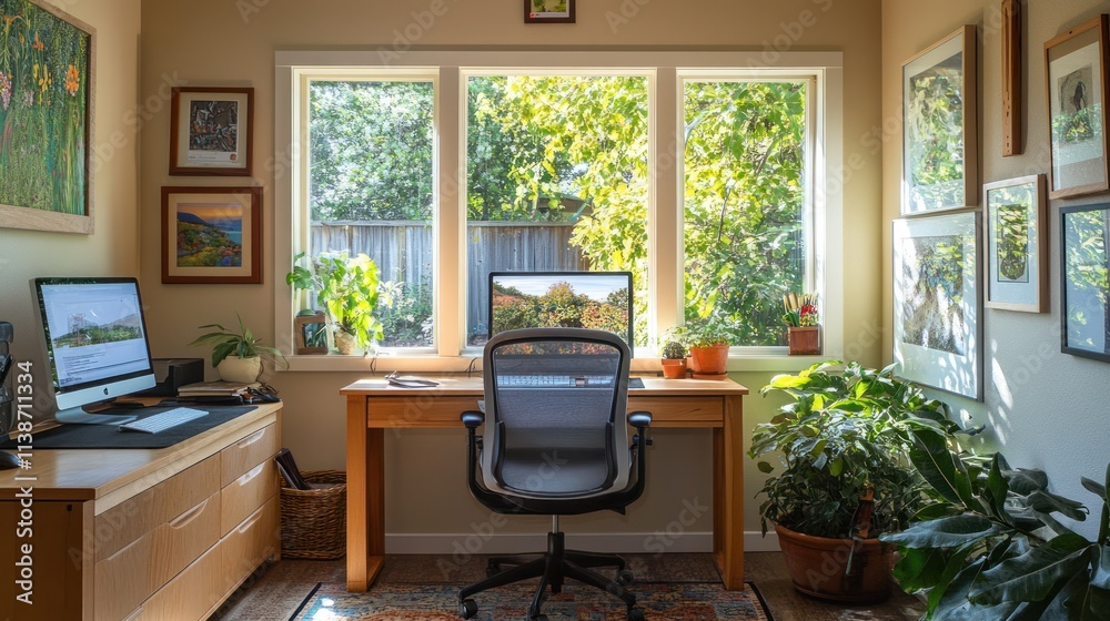 Fototapeta premium Bright home office with dual monitors and plants.