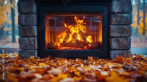 Autumn sunset with pumpkins and candles surrounded by colorful fallen leaves