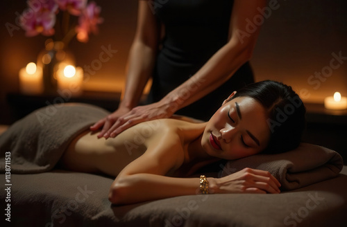 Asian woman getting massage in chic dark spa salon with candles and orchids. Relaxing massage. Thai massage for a woman in a salon. Back and neck massage in a spa salon.